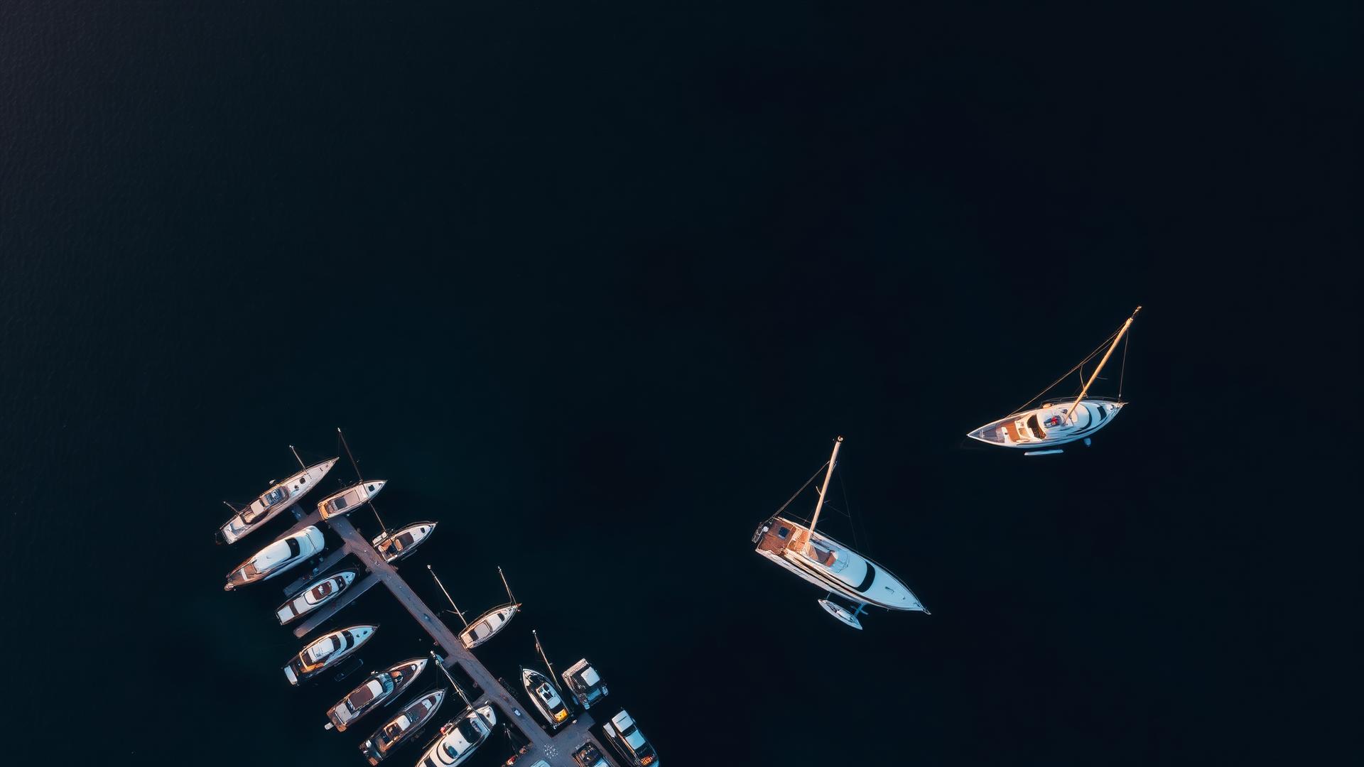 Aerial view of a marina at golden hour